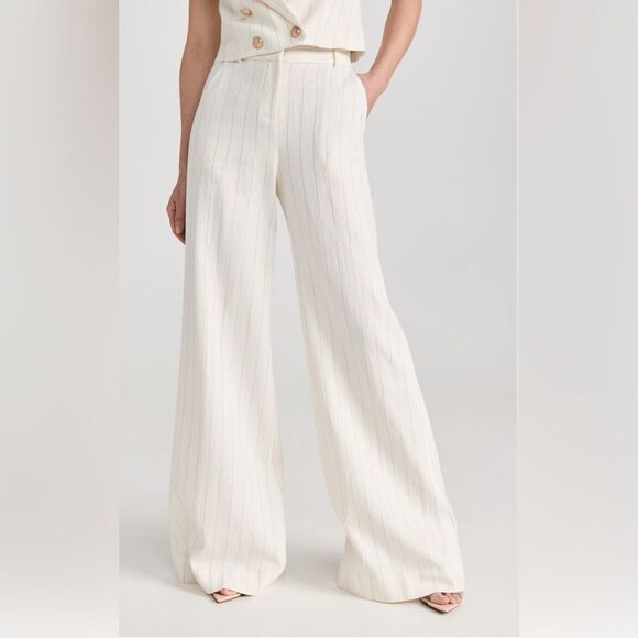 L'Agence Pilar Wide Leg trouser linen Pant cream metallic gold pin stripe 2. NWT - Picture 1 of 13